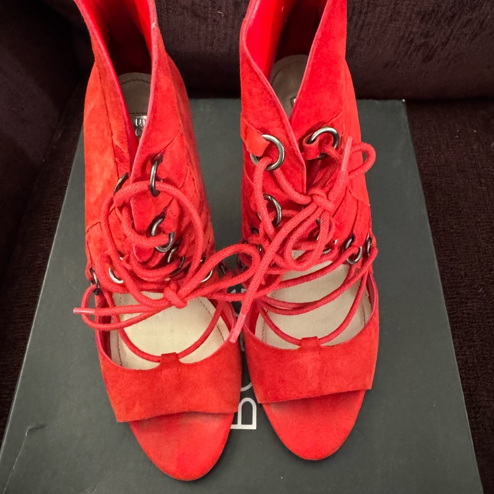 BCBGeneration Red Suede Lace-Up Open-Toe Heels